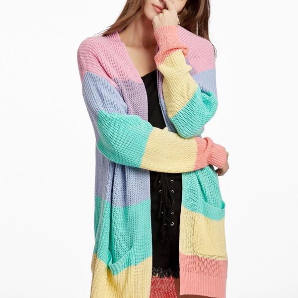 

women's jackets fadzeco fashion cardigan coat women long sweater autumn winter stripe knitted sweaters outwear, Black;brown