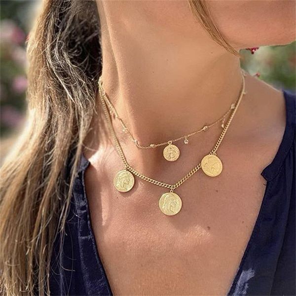 

pendant necklaces 2 pcs/set classic women round portrait bead clavicle chain gold necklace set fashion female banquet jewelry, Silver