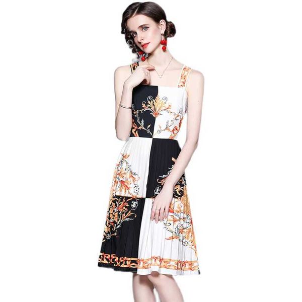 

women summer designer elegant printed dress square collar condole belt cocktail party robe female vintage pleated dress vestidos 210525, Black;gray