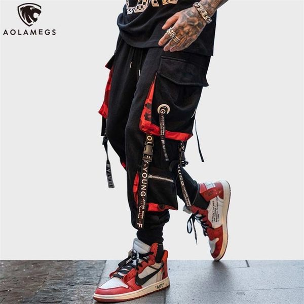 

aolamegs pants men block hit color pocket track pants male fashion trousers elastic waist hip hop joggers sweatpants streetwear 210709, Black