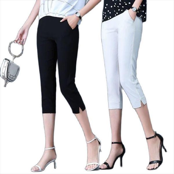 

breeches pencil summer pockets button womens capris skinny calf length casual stretch 3 4 trousers female, Black;white