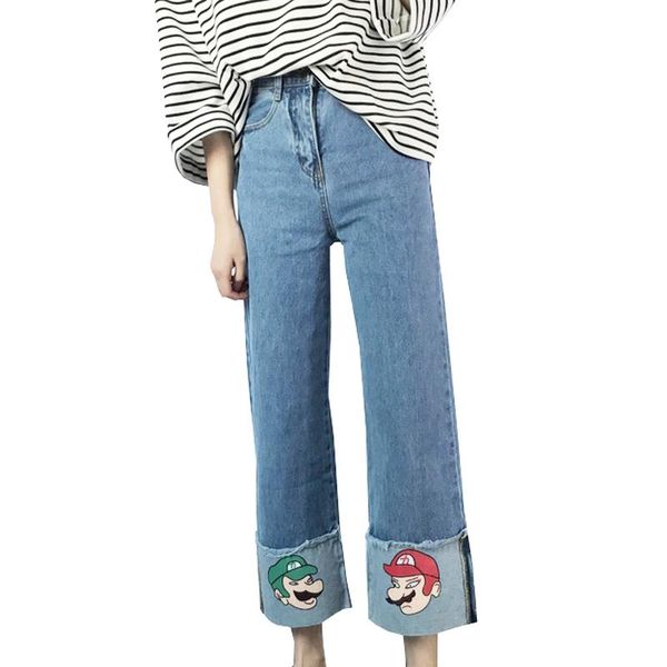 

autumn jeans women vintage sky blue straight cotton loose high waist trousers harajuku cartoon female pants women's