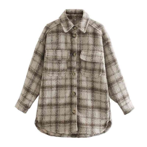 

pockets oversized plaid jacket coat women fashion lapel collar long sleeve loose outerwear chic 210524, Black;brown