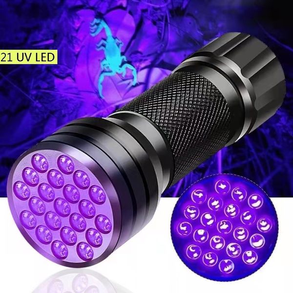 

led uv flashlight 395nm 400nm 21leds ultra violet mini torch scorpion pet urine stains detector use 3*aaa battery detection ultraviolet ligh