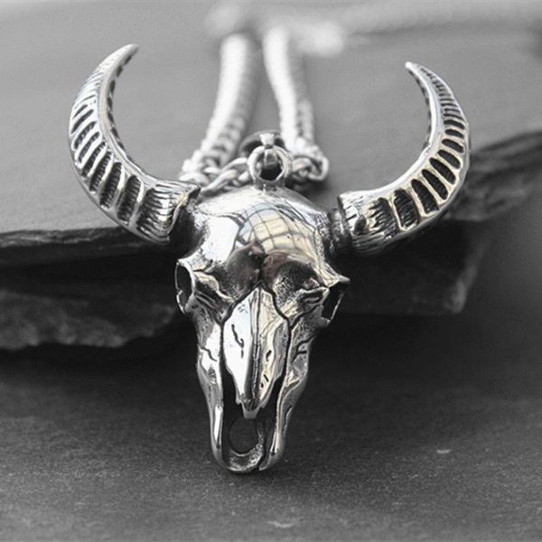 

chains retro domineering bull skull pendant men's necklace personality hipster punk style hip hop sweater chain jewelry accessories, Silver