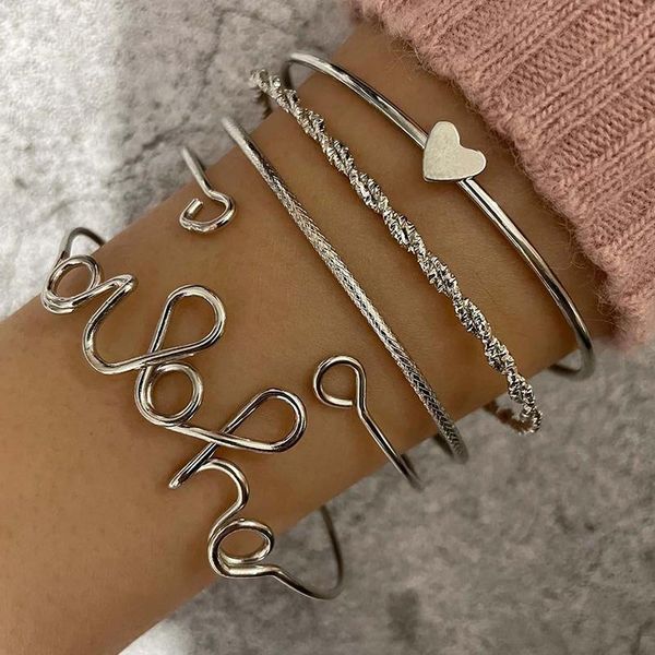 

link, chain 5 pcs/set boho bracelets set fine irregular love heart letter woven silver color bracelet party valentines day gift jewelry, Black
