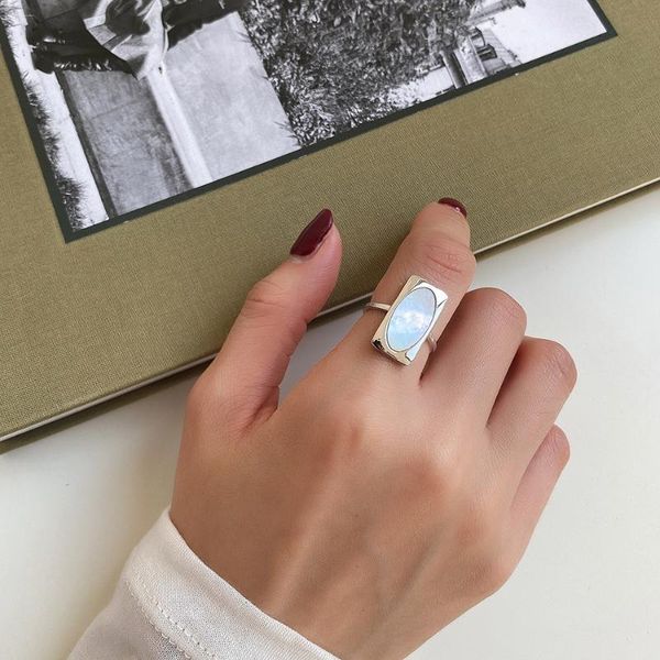 

authentic 925 sterling silver jewelry oval shell &rectangle geometric band ring long adjust tlj1577 cluster rings, Golden;silver