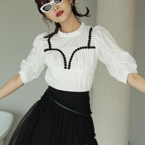 

women's blouses & shirts vintage white ruffle puff sleeve blouse women color block summer elegant and court frilly clothing p346
