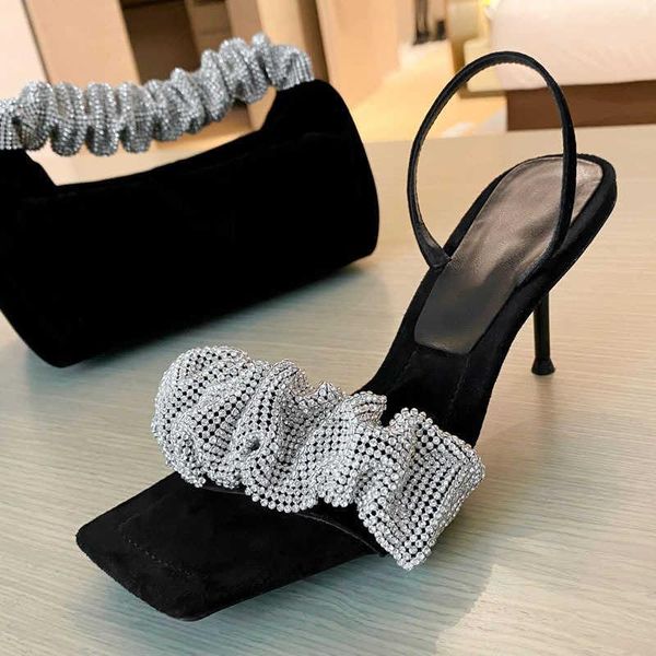 

sandals 2021 big with diamond high heels spring and summer square head open toe thick heel fairy style, Black