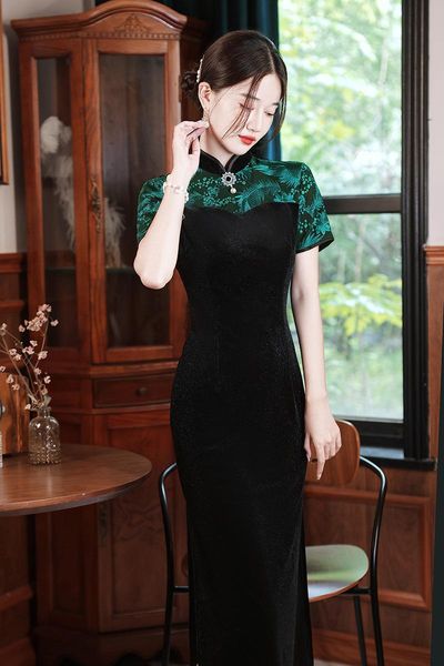 

ethnic clothing chinese style women classic black velvet cheongsam vintage slim long evening dress mandarin collar qipao vestidos, Red