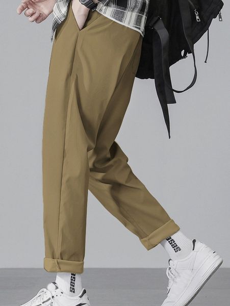 

men solid slant pocket tapered pants x99s#, Black