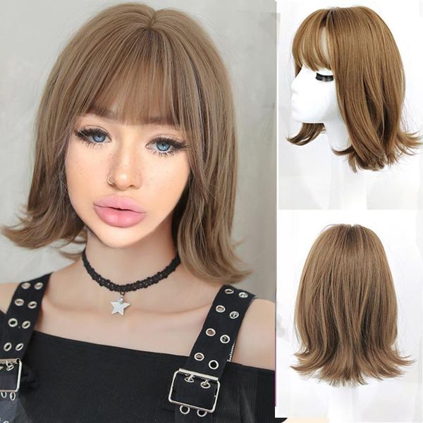 

lolita female long bobo curly golden brown orange shoulder-length wig natural fluffy short clavicle hair synthetic wigs, Black