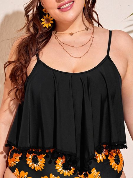 

plus pom-pom decor hanky hem bikini q6yv#, Black