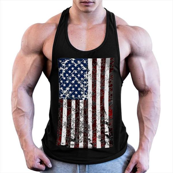 

men workout casual fashion usa flag print sleeveless tank gyms fitness bodybuilding black vest summer cool quick drying, White;black