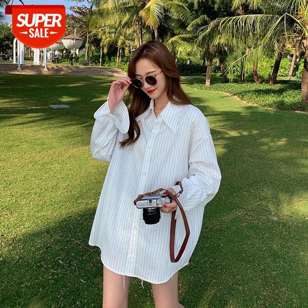 

han qingshu striped shirt straight single-breasted multi-button middle and eldest girl #1h1g, White