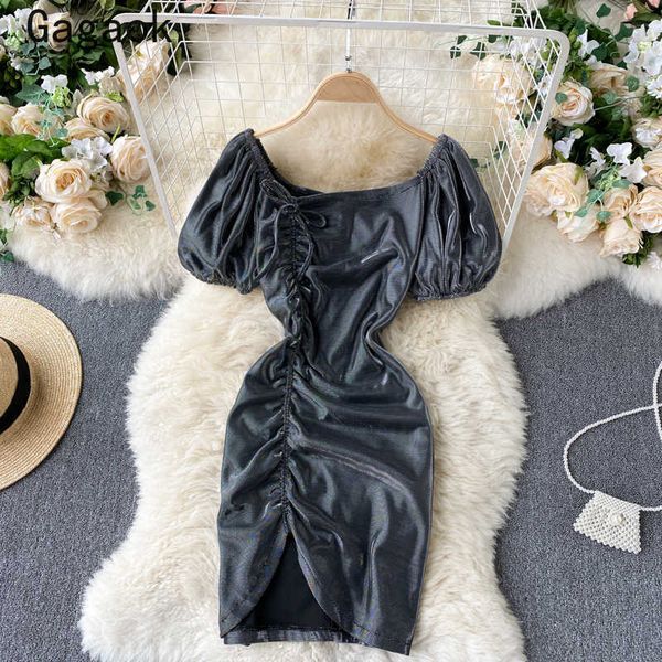 

dress for women summer streetwear solid slash neck puff sleeve mini sheath dresses fashion bodycon vestidos 210531, Black;gray