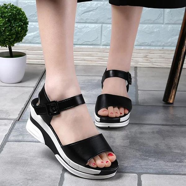 

dress shoes black white chunky heels wedges sandals women clasic ankle strap beach platform woman non slip casual lady
