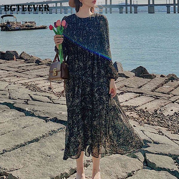 

dresses new vintage o-neck long floral print chiffon for women loose female a-line dress 2021 spring ladies midi vestidos 79j2, Black;gray