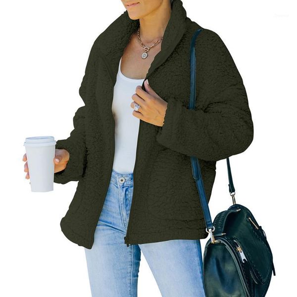 

women's jackets women pockets lapel coats solid color winter long sleeve casual zipper up sweater turn-down collar warm lady streetwear, Black;brown