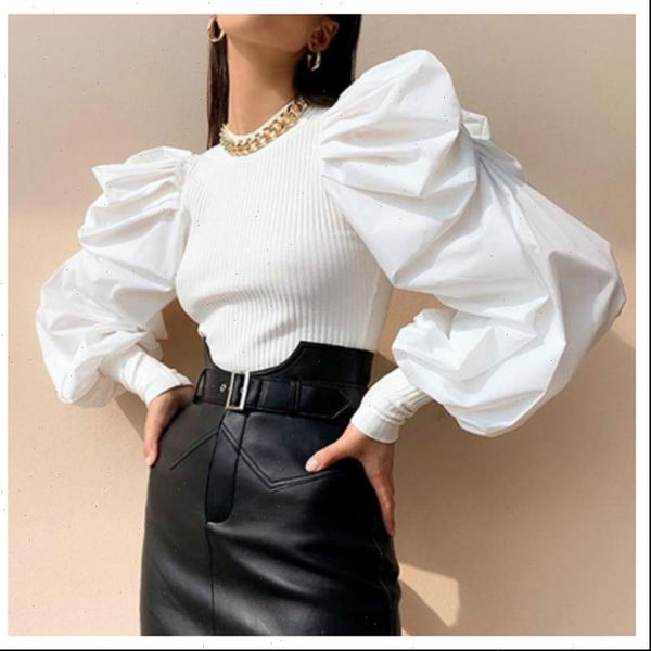 

turtleneck knitted puff women blouses long sleeve patchwork elegant slim chic autumn streetwear shirt, White