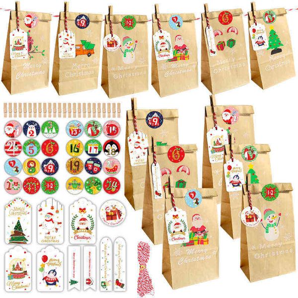 Saco de presente de Natal conjunto criativo bolsa de papel kraft diy embalagem de doces com grampo de etiqueta Santa Claus ano novo crianças presente 2022 H1231