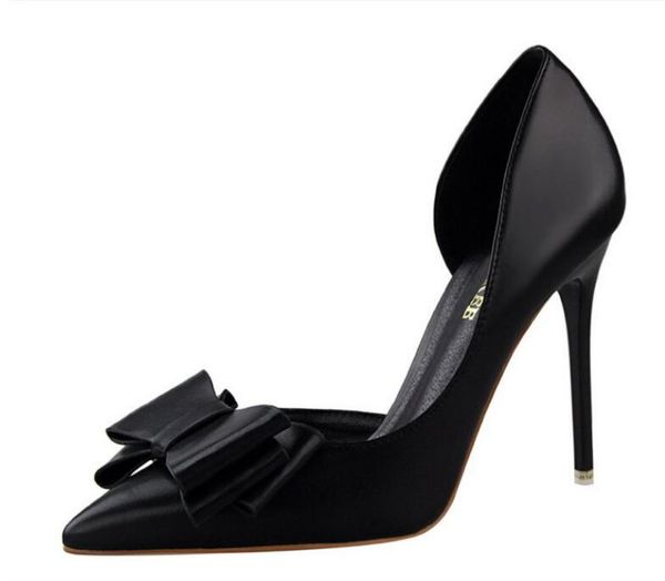 

pumps fashion show sweet bow high heels stiletto high heel shallow mouth pointed side hollow shoes women, Black