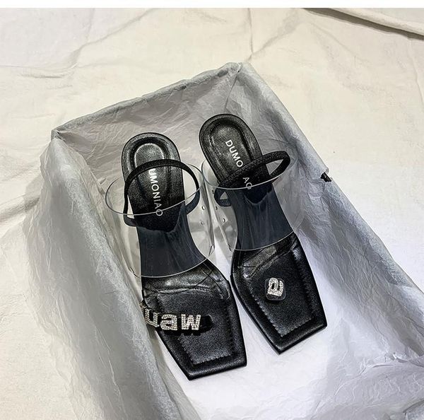 

vintage square toe women sandals transparent pvc design lady slippers crystal letters summer slides for woman 8cm high heels, Black