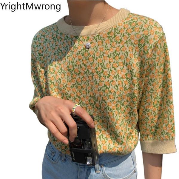 

vintage boho floral knit loose women t shirt korean tee fashion knitwear pull summer aesthetic graphic tshirts, White