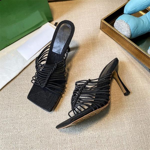 

modern slippers women narrow band shoes flip flops square toe zapatillas mujer chaussure femme 2021, Black