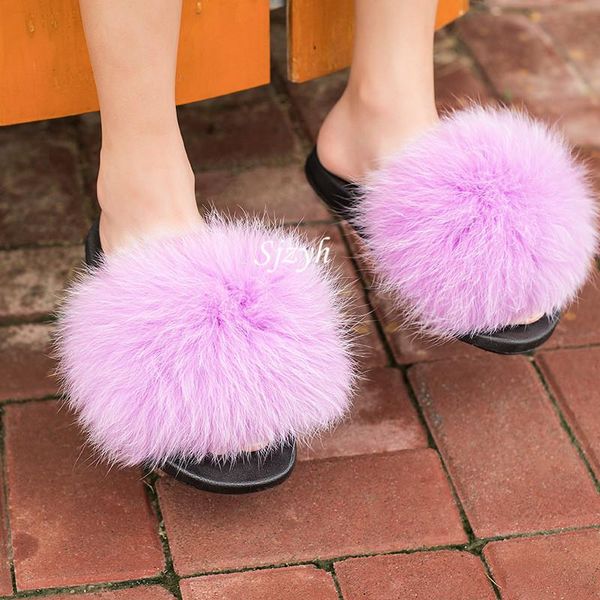 

summer children's fur slides women's plush home shoes fluffy raccoon slippers ladies furry flip flops female sandals, Black