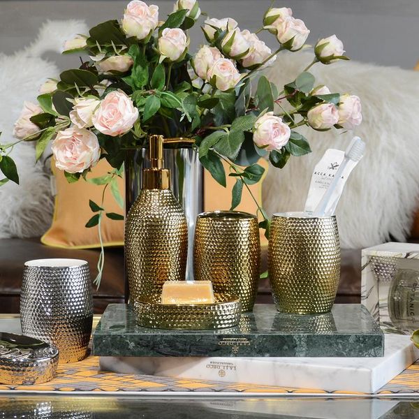 

creative plating gold silver honeycomb concave convex texture ceramic five piece set bathroom wash home accessories designer bath accessory