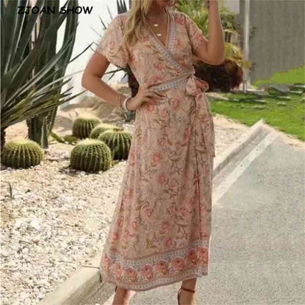 

bohemian location flower print short sleeveless wrap dress woman v neck tie bow sashes long dresses summer tea 210429, Black;gray