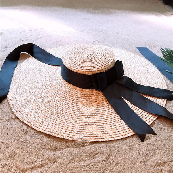 

stingy brim hats big 18cm wide sun hat summer women wheat straw panama for elegant lady floppy beach dome sunbonnet long ribbon, Blue;gray