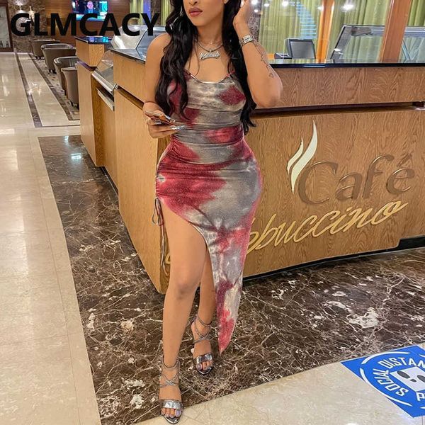 

women spaghetti strap printed slit bodycon & club dress 210702, Black;gray