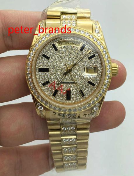

automatic men watch 36mm gold case stones bezel and diamonds in middle of bracelet diamond dial wrist watches, Slivery;brown