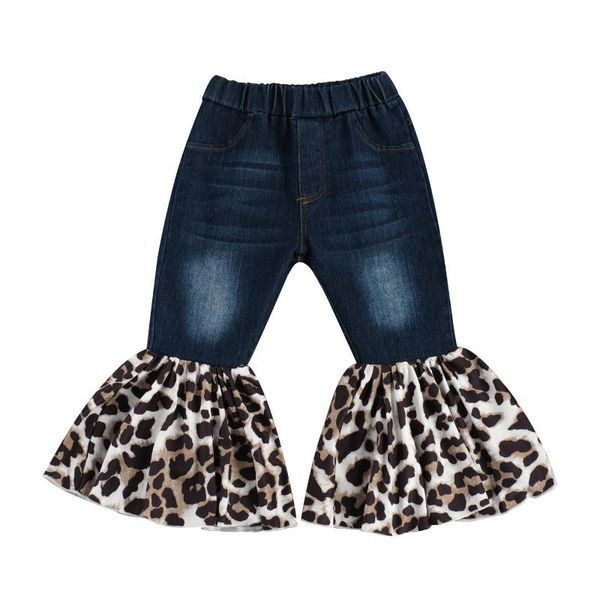 

infant kids baby girls 2t-7t flare pants, elastic waist leopard patchwork boot cut denim long trousers with pocket, Blue