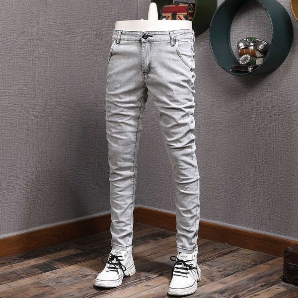 

street style fashion men jeans retro light gray elastic slim fit ripped korean casual denim pencil pants punk trousers, Blue