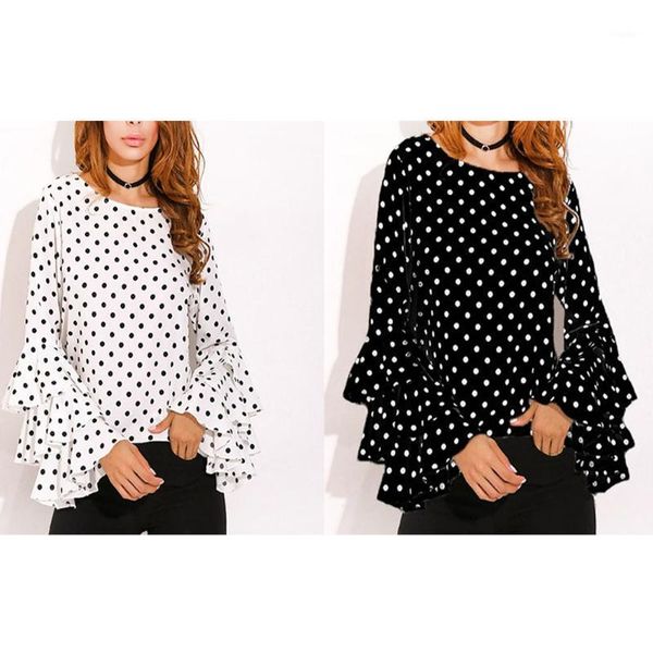 

women's blouses & shirts women flare ruffle long sleeve blouse loose polka dot shirt casual 88, White
