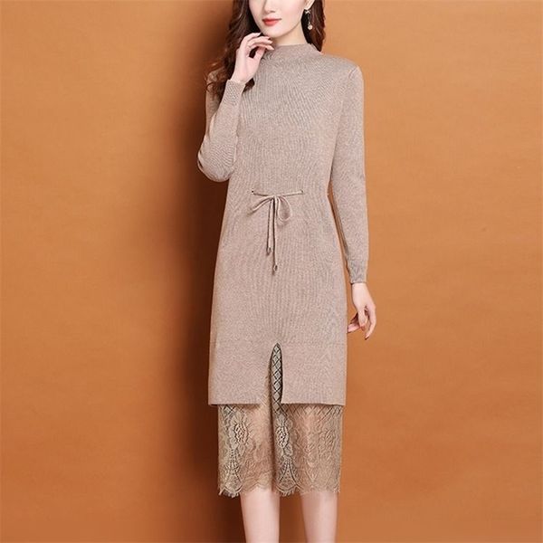 

autumn and winter knitted dress long skirt korean version of lace stitching mid-length base sweater 210427, White;black
