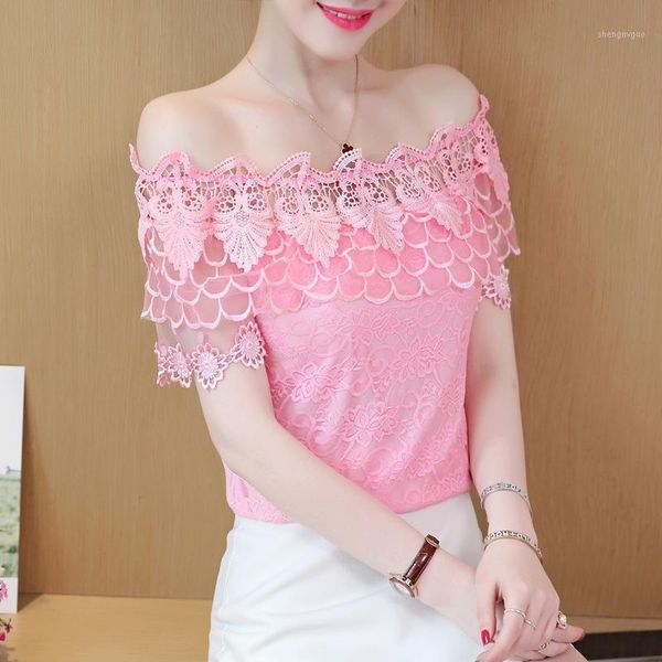 

women's blouses & shirts women solid slash neck chiffon blouse 2021 short sleeve flowers ladies blusas mujer, White