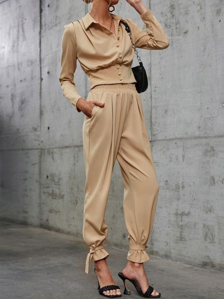 

sollinarry plicated blouse & tie hem frilled waist pants w1f6#, White