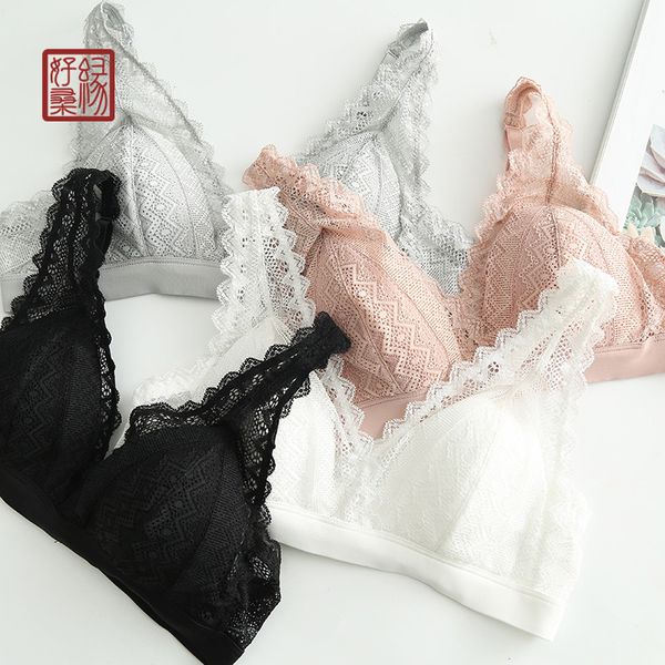 

haosangyuan summer french thin lace underwear women's breathable triangle cup bra rimless s044, Red;black
