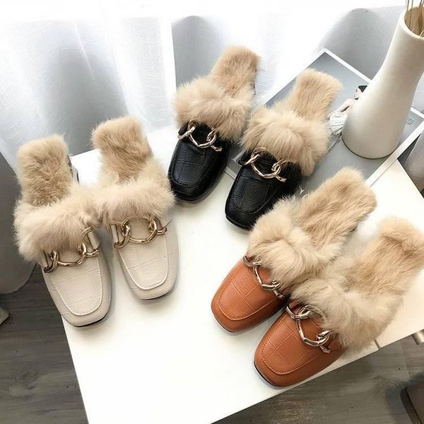 

slippers women's autumn style thick heel retro wear lazy muller shoes real hair fashion women, Black