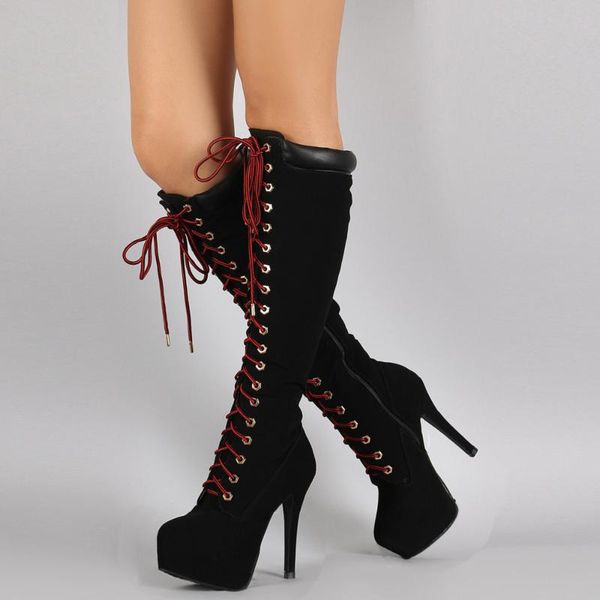 

boots high heeled women's platform slim heel knee length lace up knight, Black
