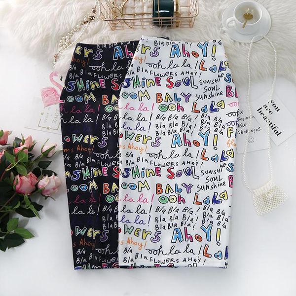

autumn winter women pencil skirt ladies letter print high waist elastic slim skirts urban plus size female one-step falda, Black