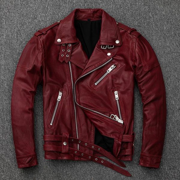 

men's leather & faux genuine jacket men vintage sheepskin coat short biker motorcycle jackets chaqueta cuero hombre kj3193, Black
