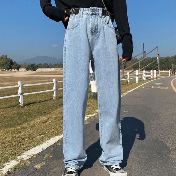 

harajuku blue stretch woman jeans high waist 2021 summer streetwear baggy leg