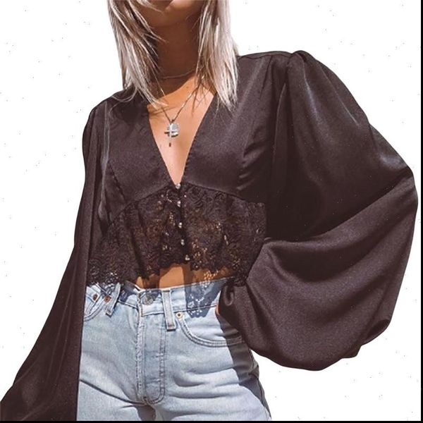 

long lantern sleeve fashion women shirt elegant beach office crop deep v neck lace floral blusa fall spring, White