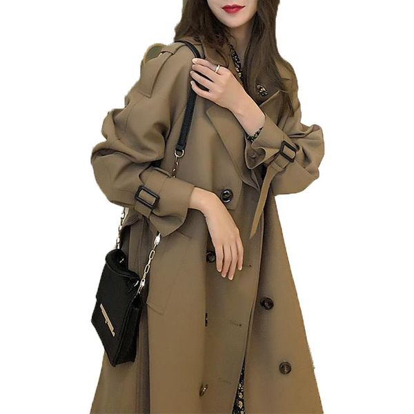 

women's trench coats chic fashion women coat casual long outerwear loose overcoat autumn spring double-breasted windbreaker femme, Tan;black