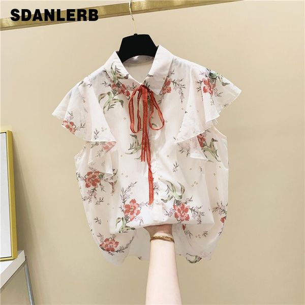 

women's blouses & shirts floral print sleeveless chiffon ruffled shirt female summer girls ladies all-match printed blusas mujer de mod, White